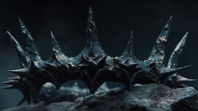 Dark and Foreboding Crown Featuring Sharp Spikes and Gothic Design on Rocky Surface in Mysterious Atmosphere