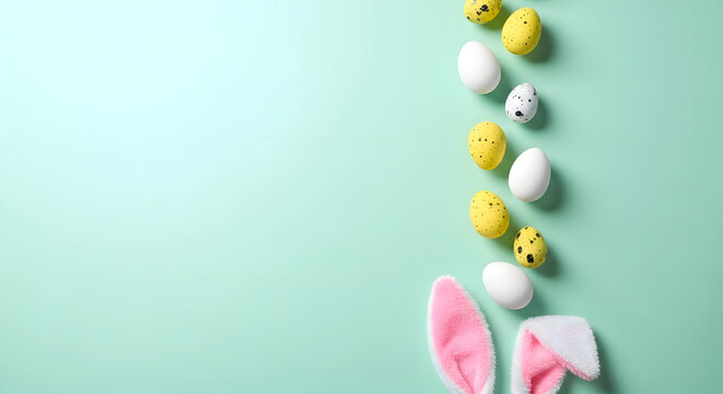 Easter egg background with bunny ears on pastel green with yellow white eggs