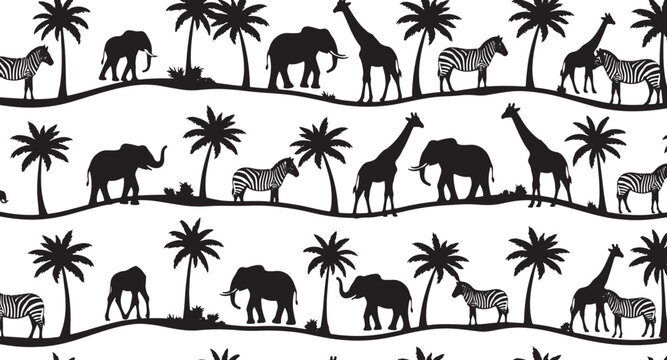 Black silhouettes of giraffes elephants zebras and palm trees on white background safari pattern