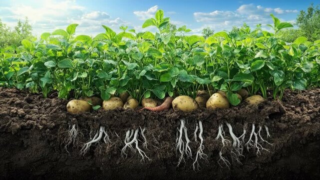 Lush potato plants with earthworm in soil on sunny day