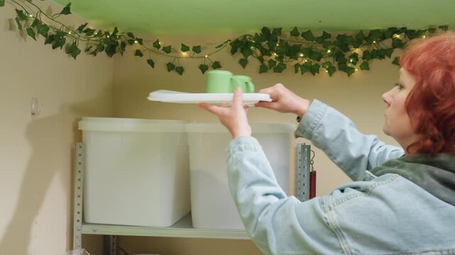 white woman organizing pantry shelf mugs reaching for green ceramic mug on metal shelving with white storage bins and faux ivy garland, denim jacket visible, focused expression, tidy home storage