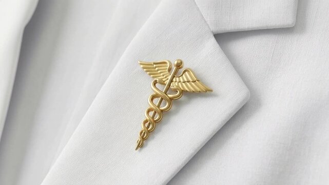 Gold caduceus medical pin on white lab coat lapel as the camera slowly shifts across the uniform