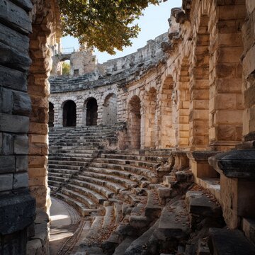 Ancient Roman amphitheater with stone walls and arches, empty seats, and a tree in the background.