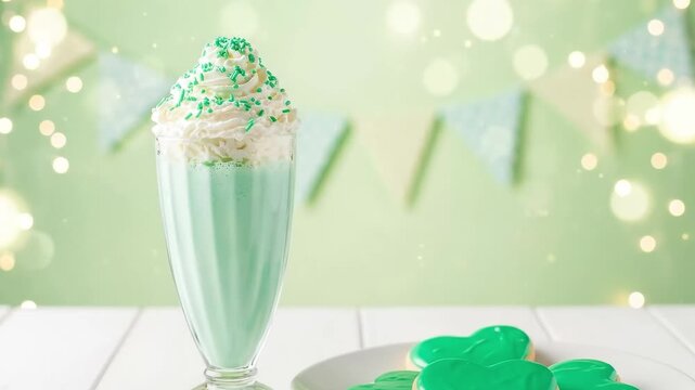 Delicious Minty Green Milkshake with Whipped Cream and Colorful Cookies Displayed on a White Table, Set Against a Light Green Background with Decorative Banners
