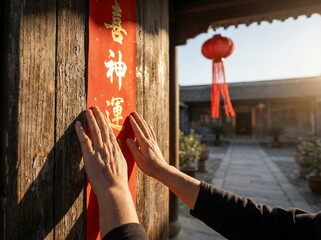 Generated ai | Close-up of elderly hands carefully placing a traditional red lunar new year couplet on a rustic wooden door, capturing the warmth of heritage and cultural celebration.