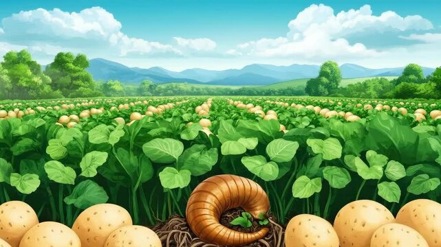 Vibrant potato field with insect infestation under the soil, blue sky and mountains