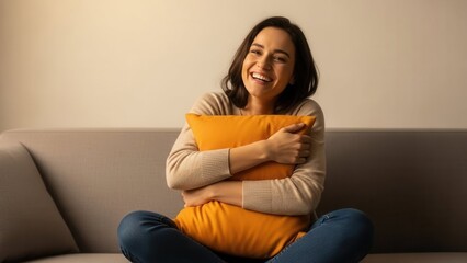Obraz premium Happy woman relaxing on sofa with yellow pillow at cozy home interior