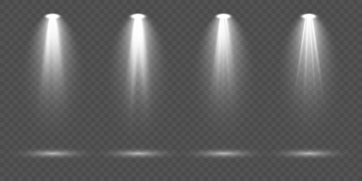 Creative collection of bright lighting spot sources including stage spotlights, floodlight beams and atmospheric rays isolated on transparent background ideal for concert visuals and abstract vector e