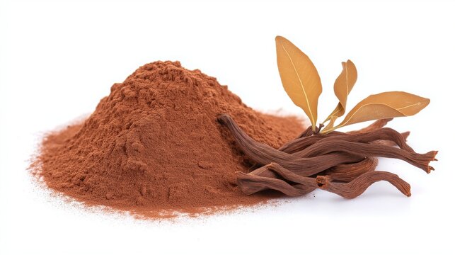 Limonia Acidissima bark powder isolated on white background. Natural ingredient, herbal medicine, traditional remedy, organic powder, health supplement, botanical product, Ayurvedic substance.