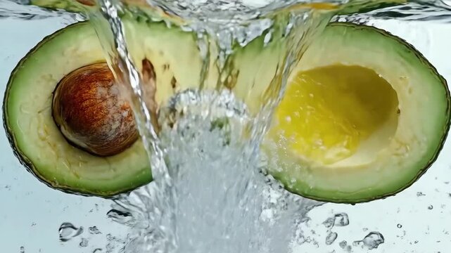 Fresh avocado halves with splashing water on light background