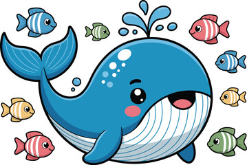 Obraz premium Cute Whale Outline Icon Set Smiling Blue Whale, Tropical Fish, and Bubbles
