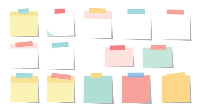 Collection of fourteen blank rectangular sticky notes in various pastel colors is arranged with colorful washi tape at the top edge.