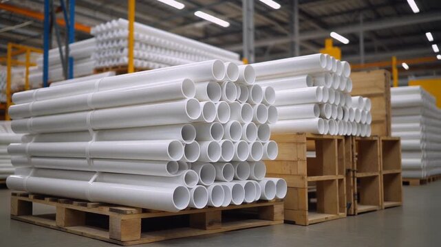 Warehouse interior featuring stacks of white PVC pipes ready for industrial applications