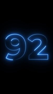 Abstract glowing Neon 92 number educational mathematics text icon animation on black background. a dynamic motion and glowing neon number countdown icon animation.