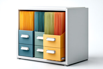 A modern filing cabinet with colorful folders organized neatly in labeled drawers, showcasing a blend of functionality and design.