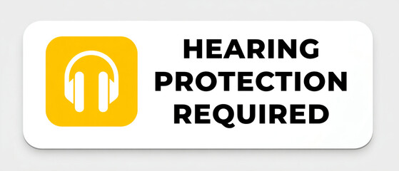 A sign indicating that hearing protection is required, featuring a yellow headphone icon and bold text.