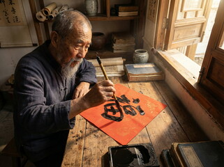 Generated ai &ndash; Elderly Chinese Master Calligrapher Writing "Fu" Good Fortune Character on Traditional Red Paper, Authentic Cultural Heritage and Lunar New Year Celebration Art.