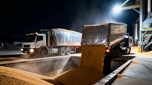 Grain trucks unload raw grain into mill yard intake pits during nighttime highlighting illuminated industrial environment and continuous grain processing.