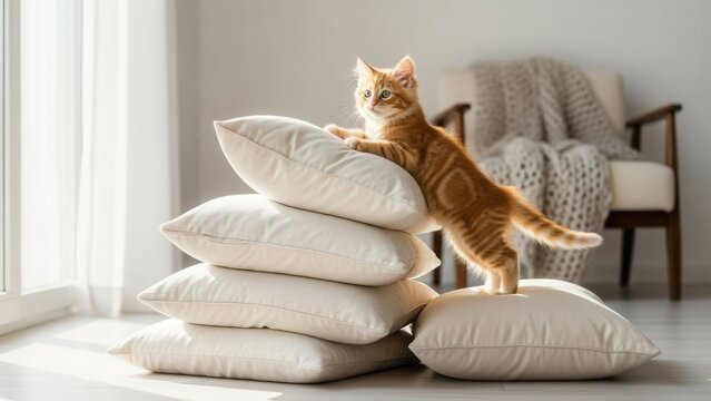 Curious kitten on pillow stack in cozy living room