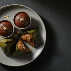 Generated ai luxury Thai traditional desserts set, featuring golden leaf garnished Huat Ah and sticky rice in banana leaf, elegant dark food photography style on slate background.