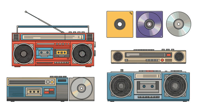 Collection of vintage audio equipment featuring retro boomboxes, compact discs, and cassette tapes in various colors from the eighties era.