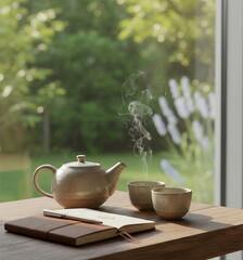 Generated ai serene morning tea session with a ceramic teapot, steaming cups, and an open leather journal on a sunlit wooden table against a lush garden backdrop.