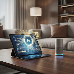 Generated AI futuristic smart home interface featuring a holographic AI display on a tablet and a voice-controlled smart speaker on a sleek wooden table in a luxury living room setting.