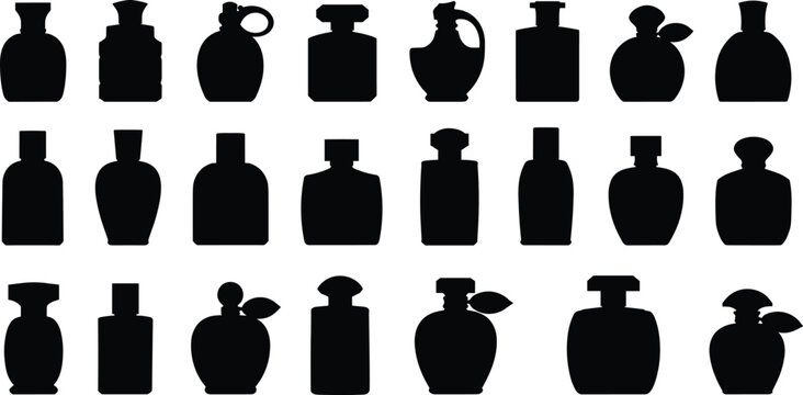 Assortment of elegant black silhouette perfume and fragrance bottles in various shapes on white background