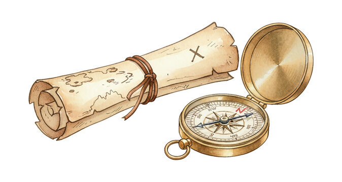 Old rolled treasure map scroll tied with brown string next to an open golden brass compass for adventure