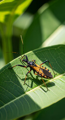 Fototapeta premium Close-up of orange and black assassin bug on green leaf, showcasing its complex structure and colors, representative of nature's diverse insect life