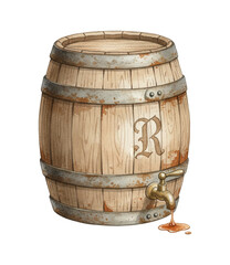 Obraz premium Wooden barrel with rusty metal bands and a brass tap pouring brown liquid and initial R in watercolor illustration