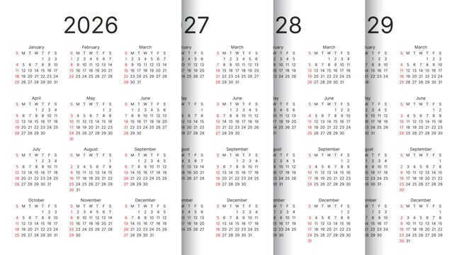 Calendars for 2026, 2027, 2028, 2029 years. Calender templates. Organizer with 12 month. Week starts Sunday. Scheduler layout in English. Simple planner. Portrait orientation, A4. Vector illustration