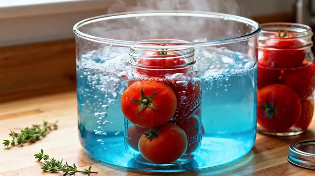 Quart jars with vibrant tomatoes visible through glass immersed in vigorously boiling water ideal for preserving summer harvest.