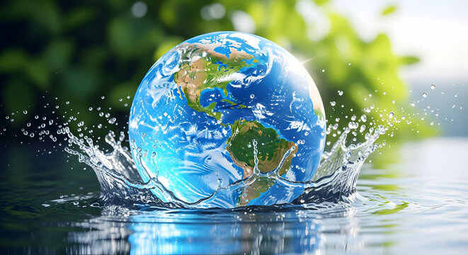 Globe of earth with water splash