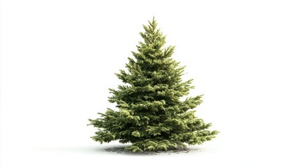 Fototapeta premium A green pine tree is placed in the center of a white background. There are no other plants or objects around. The setting shows daylight with no shadows.