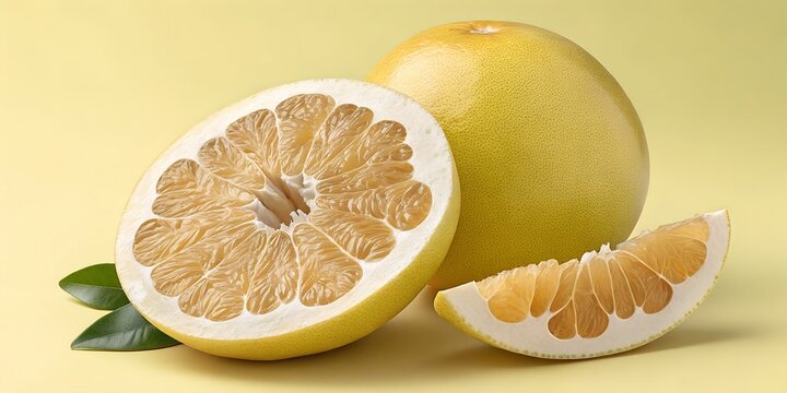 Fresh pomelo fruit halved showing pulp with whole citrus and wedge on yellow background for healthy eating and nutrition concept