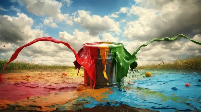 Colorful paint splash exploding from metallic can in vibrant outdoor setting