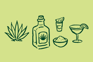 Tequila bottle agave margarita doodle line art vector illustration