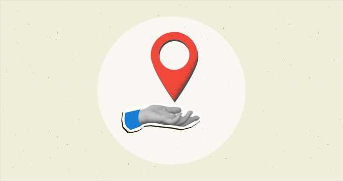 Black and white hand holding a red location pin. Modern collage style. 4K animation