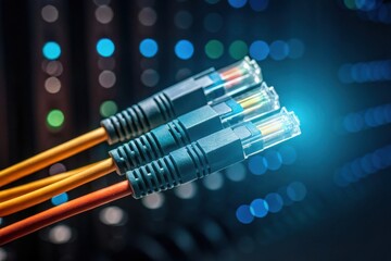 Close-up of fiber optic cables with vibrant connections in a digital network setting