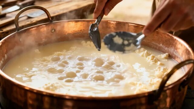 Medium shot of hands stirring curds and whey in a large opentop kettle showcasing steam rising as the mixture gently cooks for artisan cheese making.