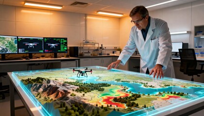 Leaning man in lab coat inspecting 3D table in control room with hovering quadcopter, copy space