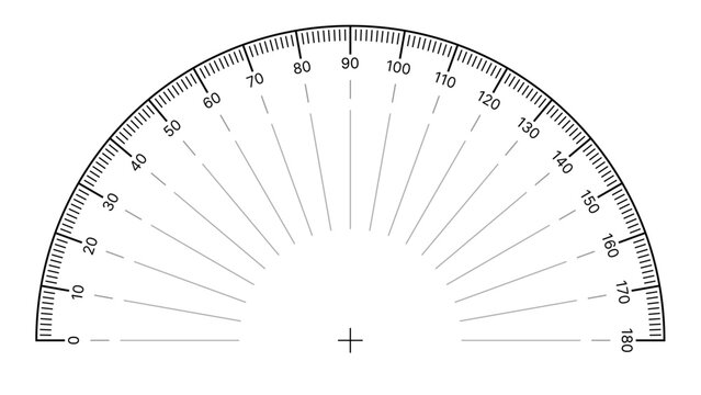 Round Angle Meter Scale Isolated on White Background. Measuring Half Circle Scale in Flat Style. 180 Degrees Circular Ruler Template. Protractor Grid. Vector Illustration. 