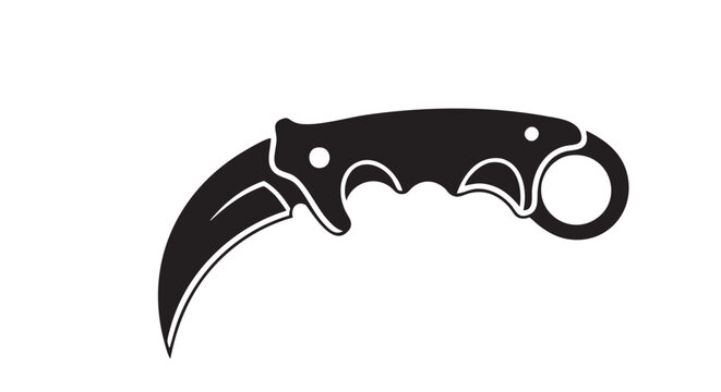 A black and white illustration of a karambit knife viewed from the side on a plain background