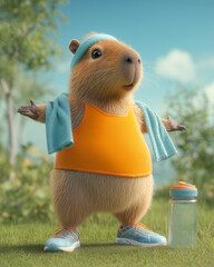 A capybara in an orange shirt with a towel on its shoulders demonstrates an exercise.