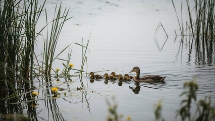 Mother duck with ducklings swimming in lake among reeds and flowers