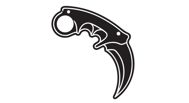 A close-up illustration of a karambit knife with a curved blade and finger ring