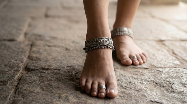 Close-Up of Payal Silver Anklets and Toe Rings on a Woman's Feet Walking on Stone Floor