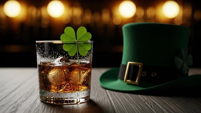 A Close-Up of a Glass of Whiskey Decorated with a Four-Leaf Clover Next to a Green Leprechaun Hat on a Rustic Bar Table, Ideal for St. Patrick's Day Celebrations
