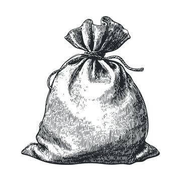 Old engraved tied sack full of riches, rendered in a classic sketch style, representing abundance, fortune, and financial success.